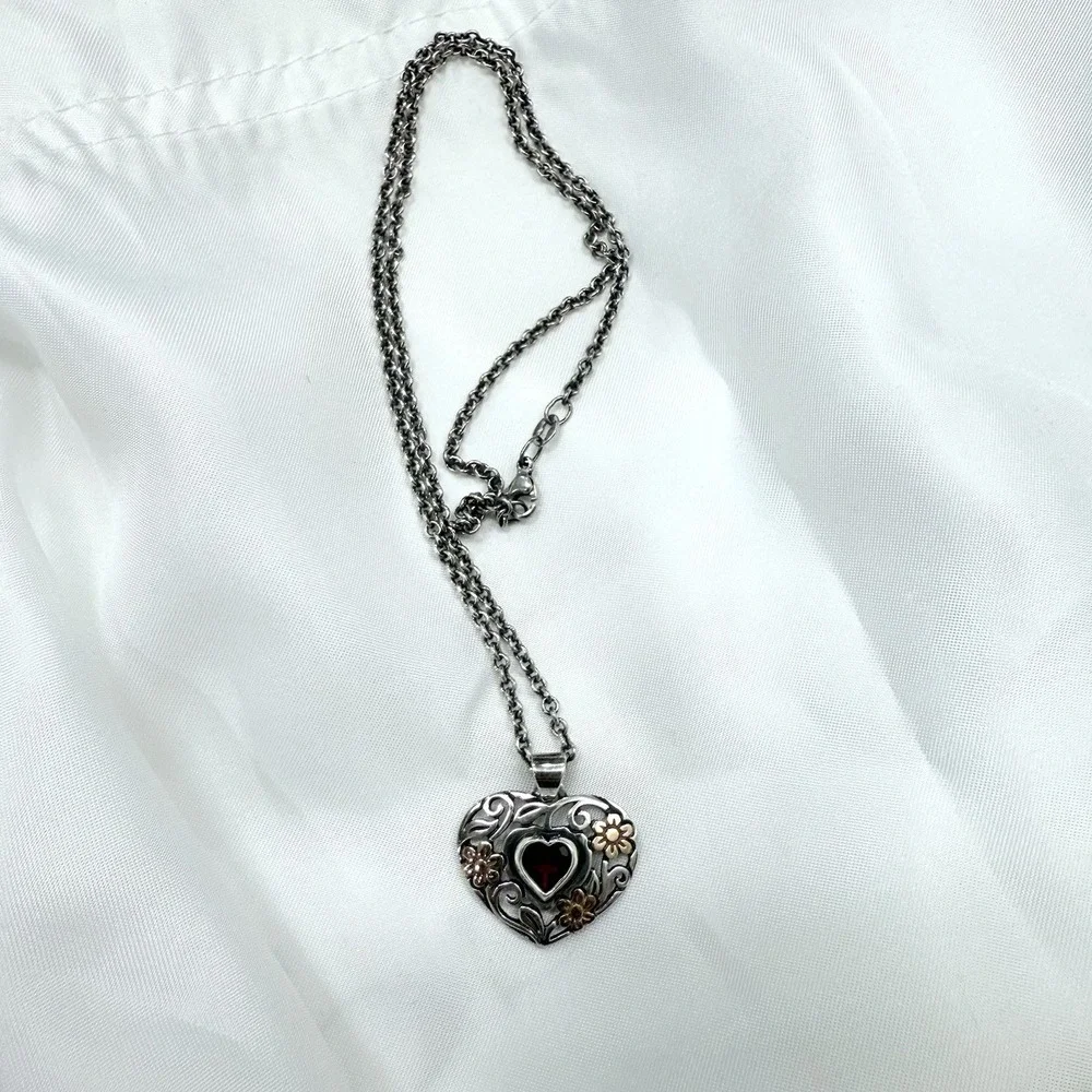 Retired James Avery‎ Garnet Heart Necklace Silver Gold Jewel Classic Preppy
